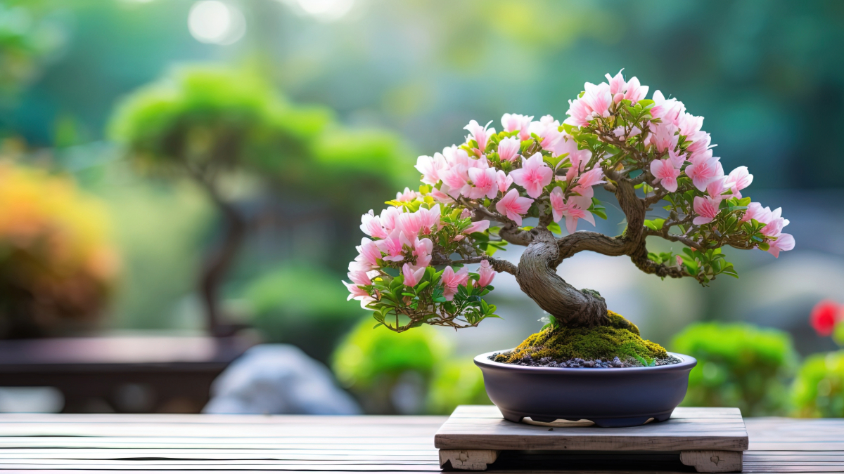 blurry background with bonsai tree with pink flowers in the right foreground