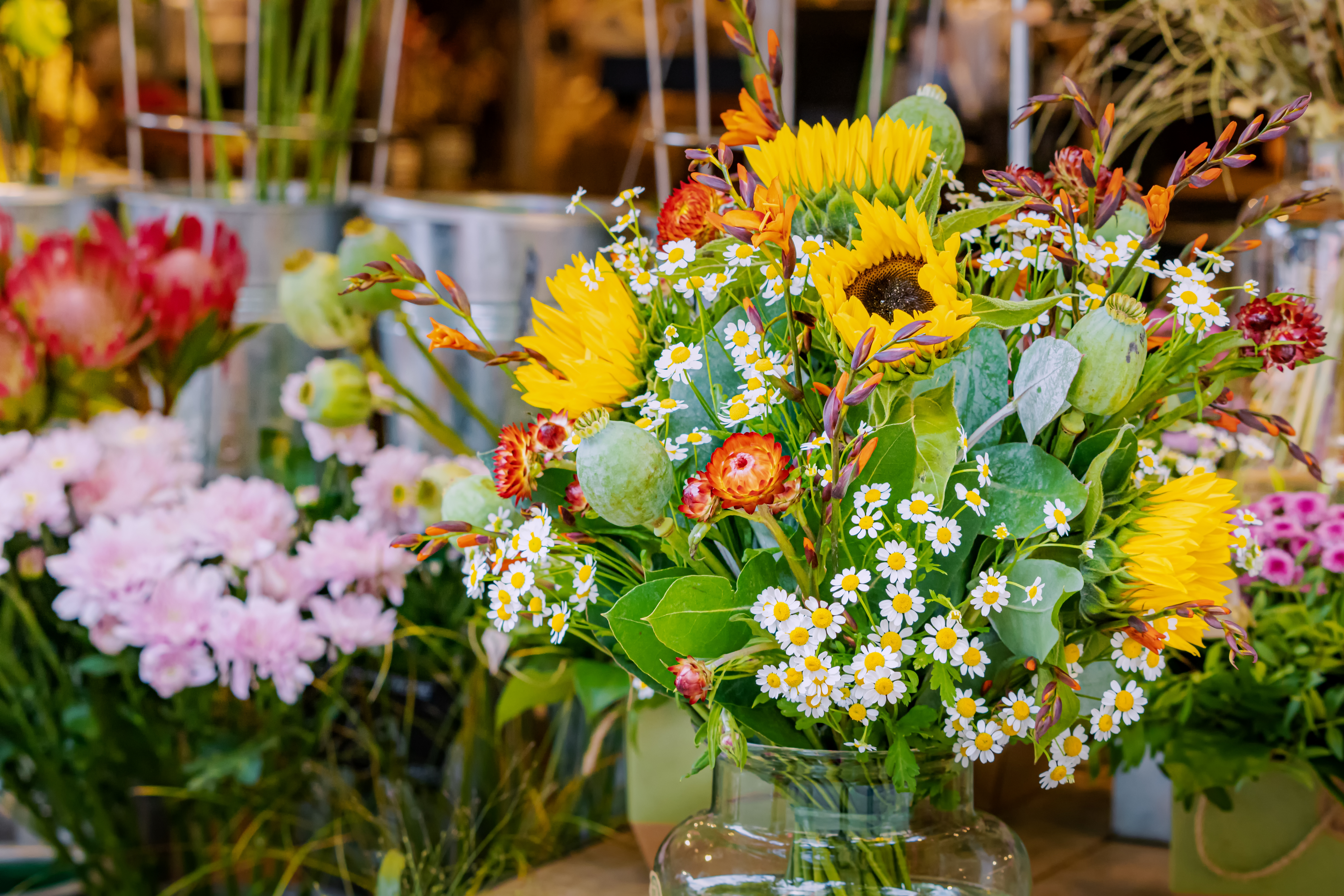Mixed flowers in glass vase