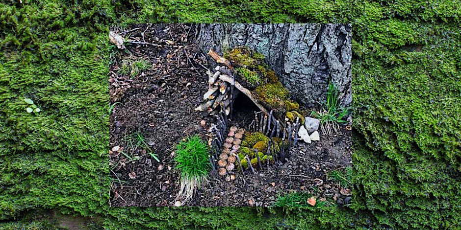Fairy house next to a tree with a moss background.