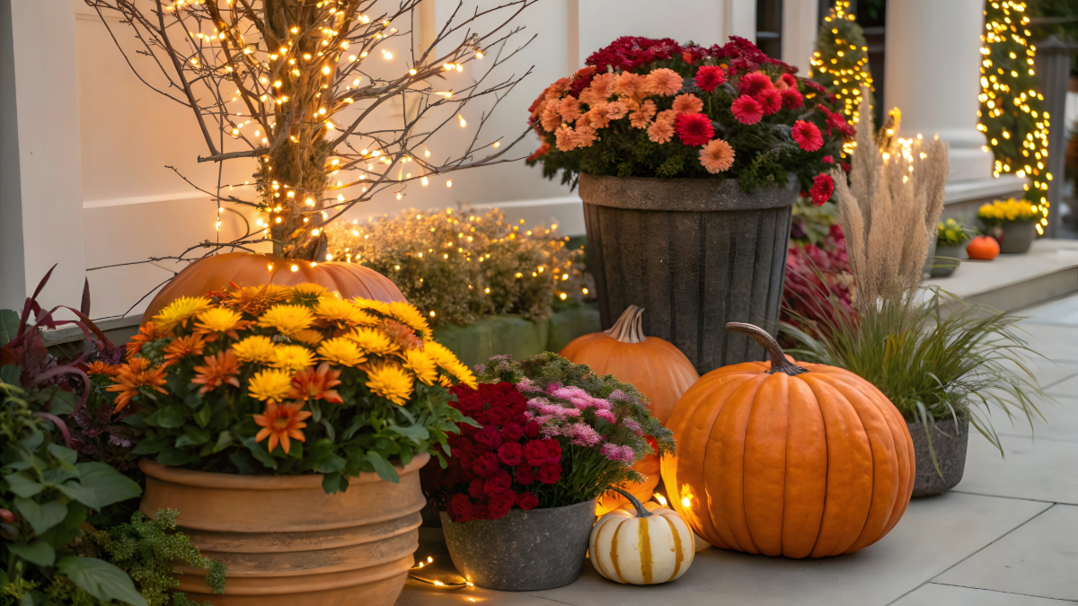 Two pots on a porch with fall flowers. There are pumpkins between the pots.