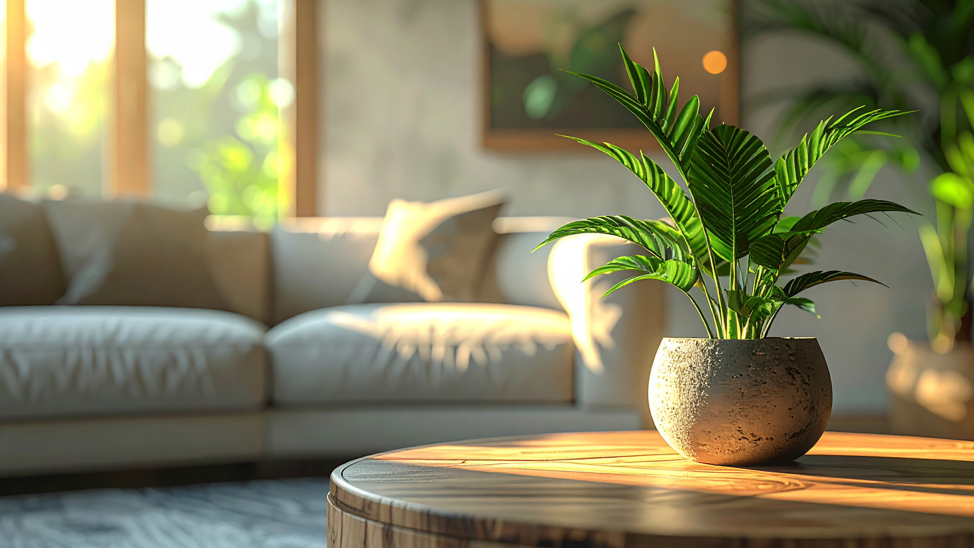 Living room with a coffee table in the foreground with a houseplant on it.