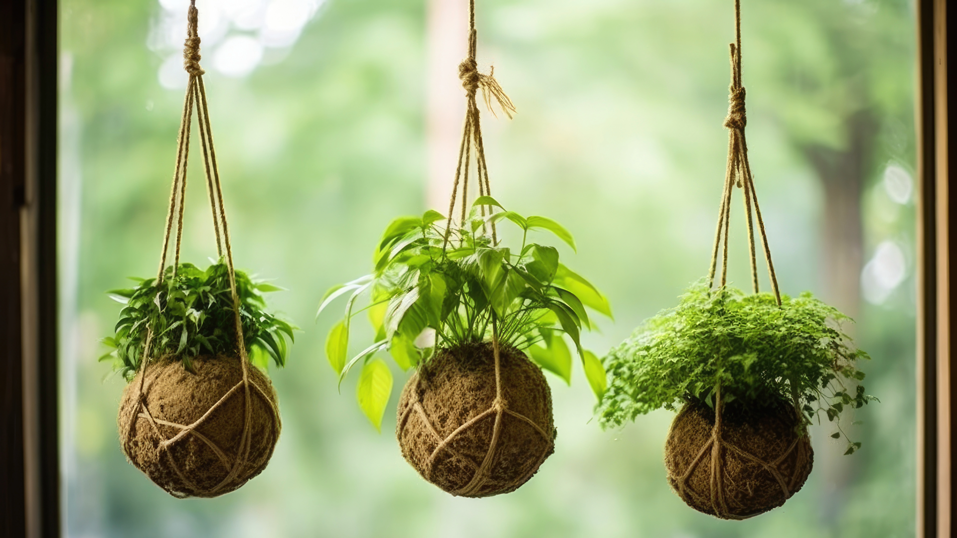 Three kokedama balls with green plants hanging in a window.