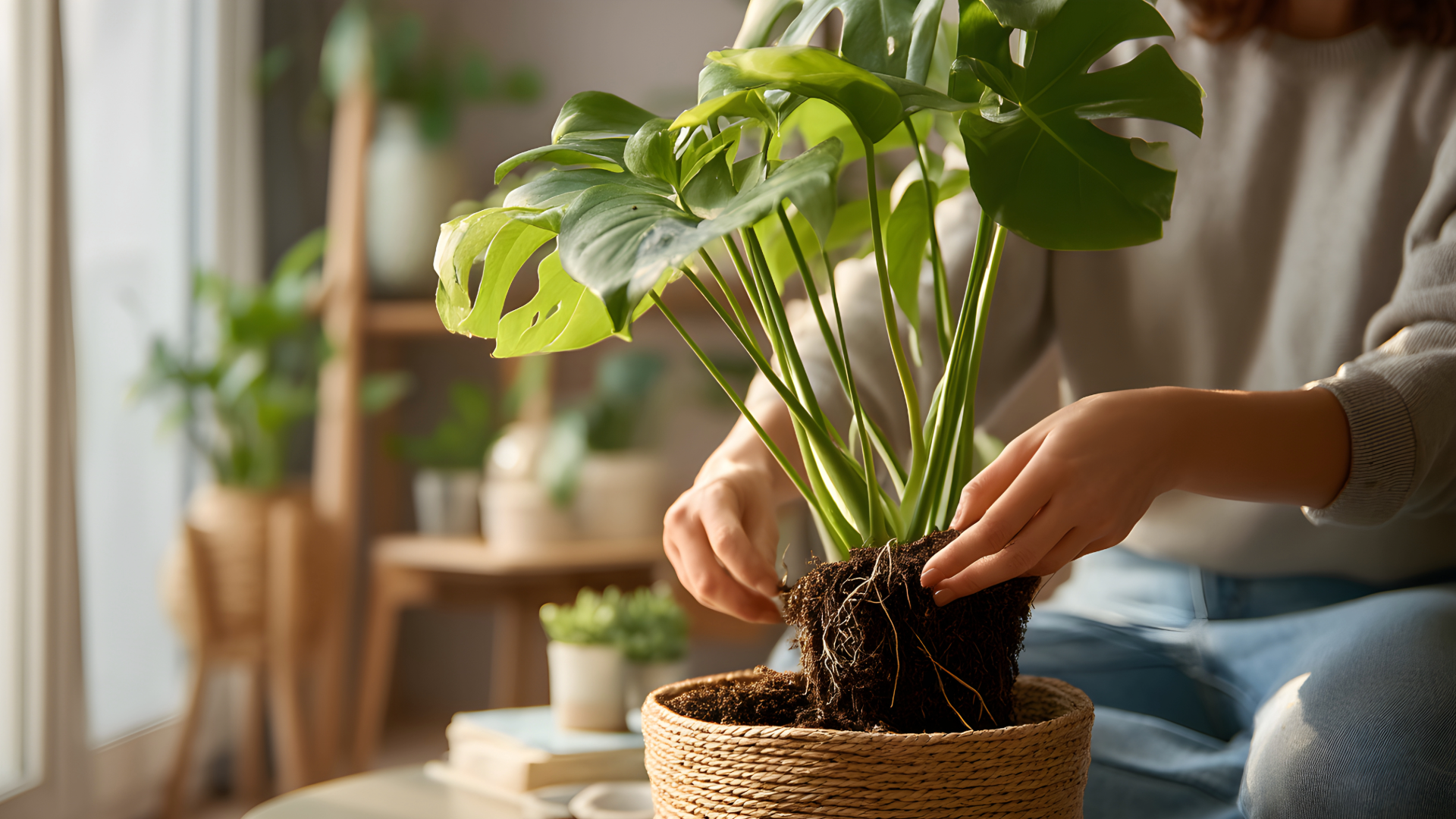 Close up view of hands putting a plant into a larger pot.