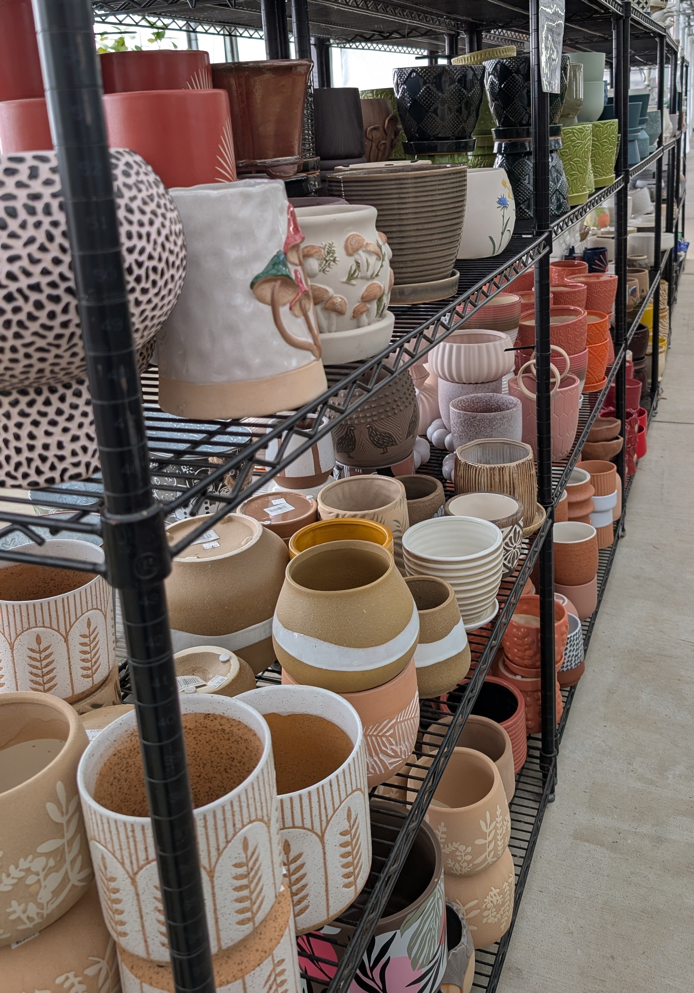 Black shelves with small pottery planters in a variety of colors and shapes.
