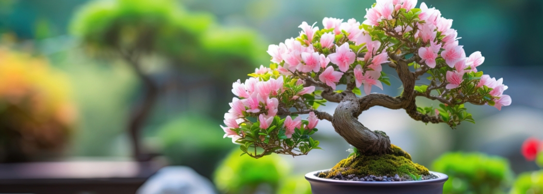 blurry background with bonsai tree with pink flowers in the right foreground