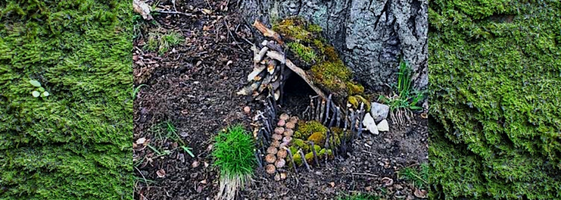 Fairy house next to a tree with a moss background.