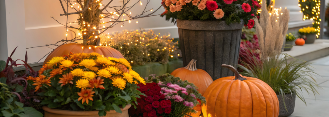 Two pots on a porch with fall flowers. There are pumpkins between the pots.