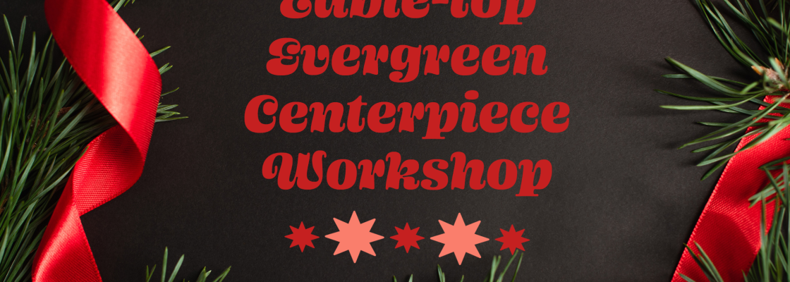 Black background with ribbon and greens.