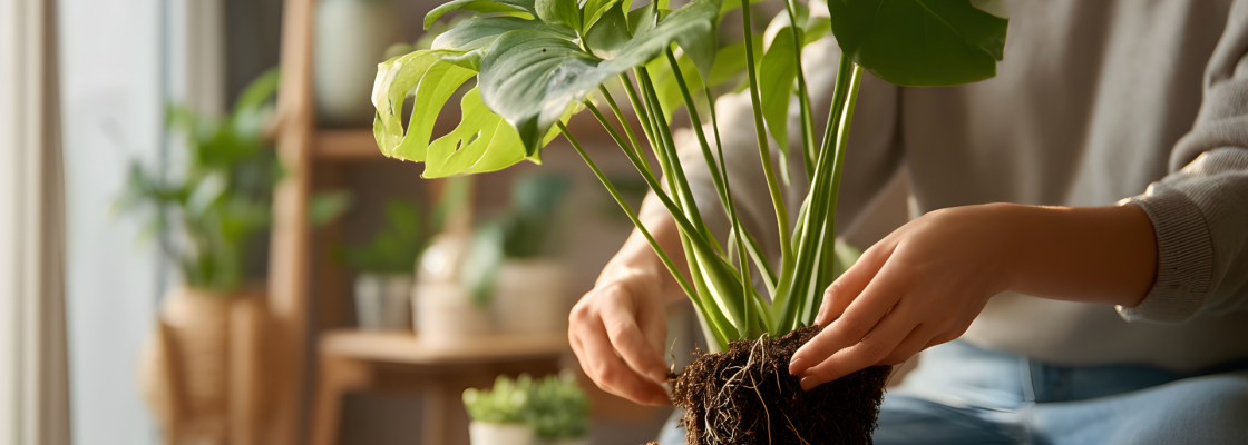 Close up view of hands putting a plant into a larger pot.