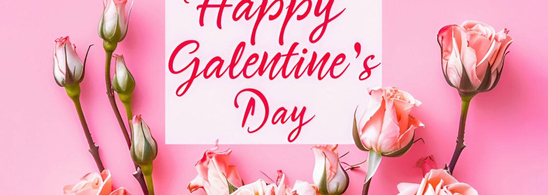 Pink flowers on a pink background with the words Happy Galentines Day in a cursive font.